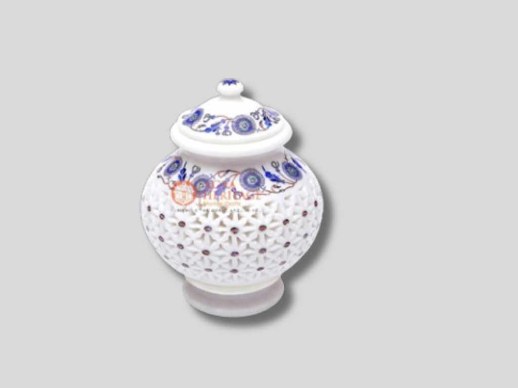 White Marble Top Flower Pot Lapis Inlay Jali Work Home Decor